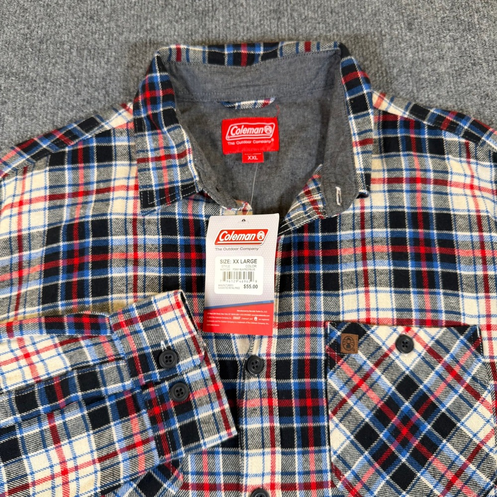 Coleman Men XXL Brushed Flannel Shirt Red White Blue Plaid Long Sleeve NWT #2961